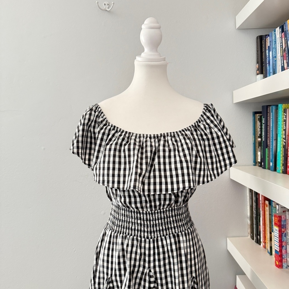 Chelsea & Theodore Black & White Gingham Off the Shoulder Midi Dress P Medium - Picture 3 of 11
